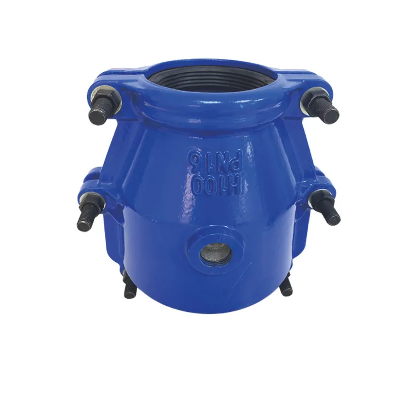 Ductile iron mechanical pipe repair clamp with bolts, used for sealing leaks on water and sewage pipelines