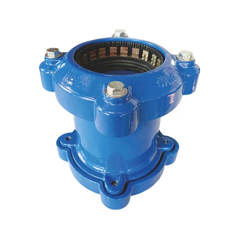 Restrained universal flange adaptor with mechanical locking teeth and blue epoxy-coated ductile iron body for connecting cast iron, PVC, or PE pipes