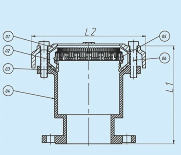 Technical cross-sectional diagram of a restrained universal flange adaptor showing sealing gasket, locking mechanism, bolts, and dimensional parameters L1 and L2