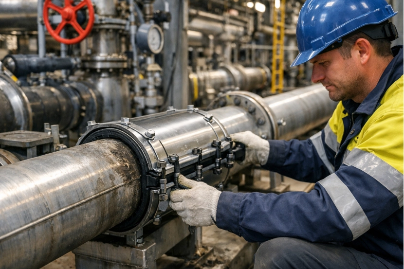 Worker inspects repair clamp on pipeline
